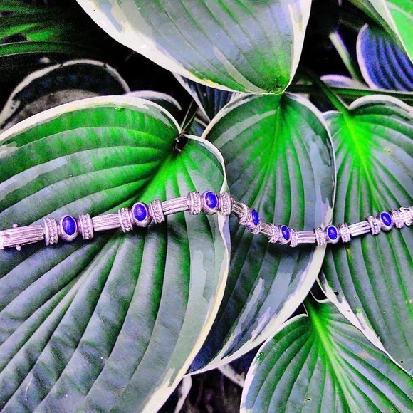 Vintage Lapis Sterling Silver, Heavy Link Bracelet - Picture 7 of 8